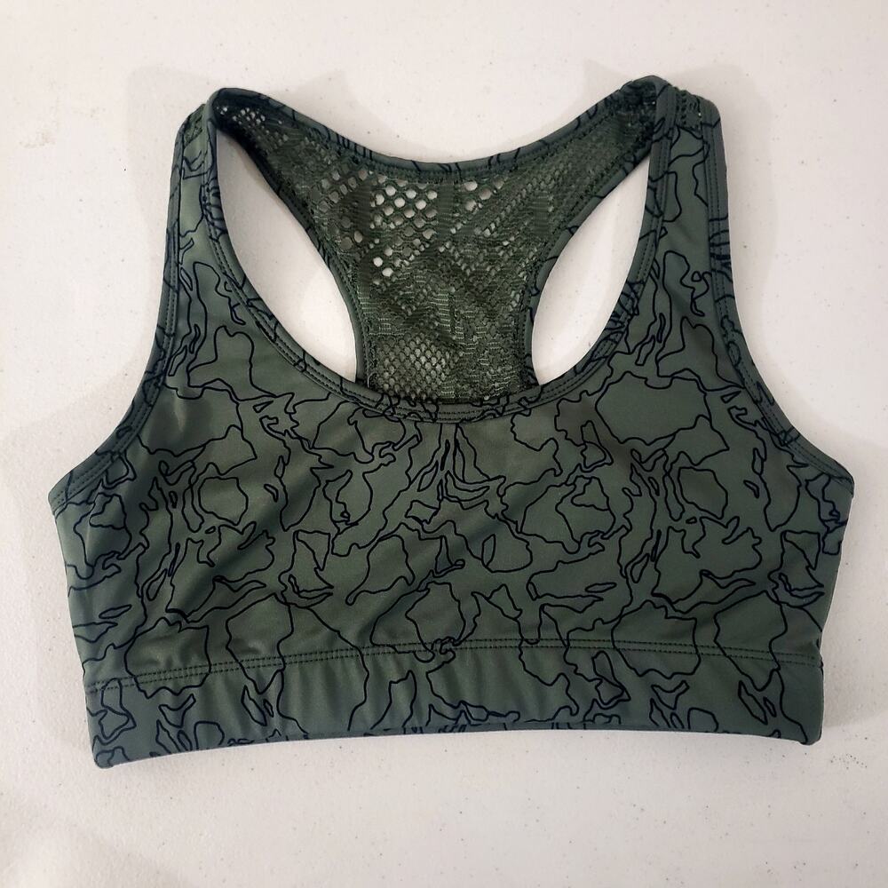 Zyia Olive Military Green Camo Topo Bomber Sports Bra Size Small Crochet